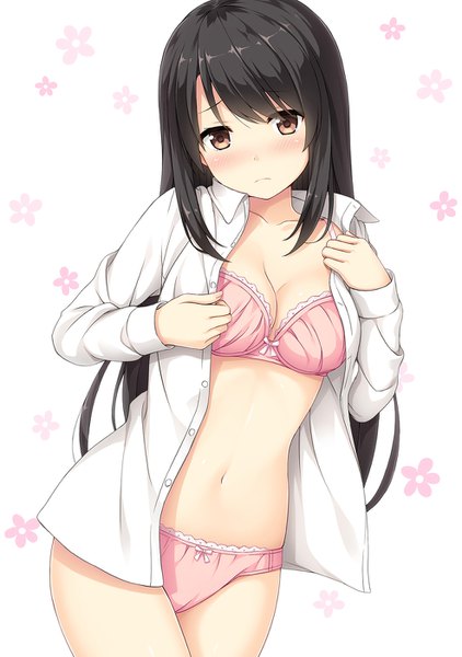 Anime picture 985x1400 with original nakamura sumikage single long hair tall image looking at viewer blush fringe breasts light erotic black hair simple background large breasts standing white background brown eyes head tilt off shoulder bare belly open shirt