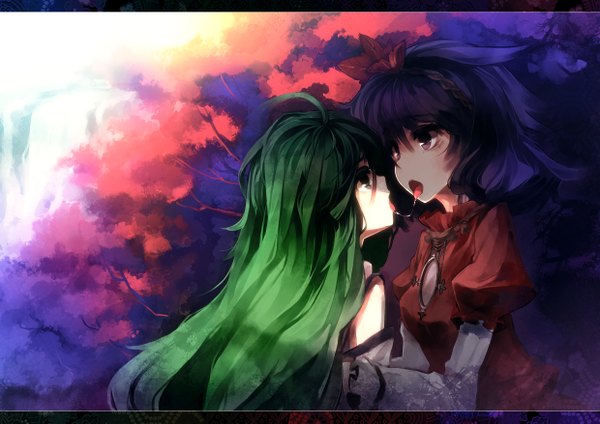 Anime picture 2480x1753 with touhou kochiya sanae yasaka kanako ukyo rst long hair highres short hair purple eyes multiple girls green eyes purple hair green hair shoujo ai saliva girl 2 girls plant (plants) tree (trees) tongue