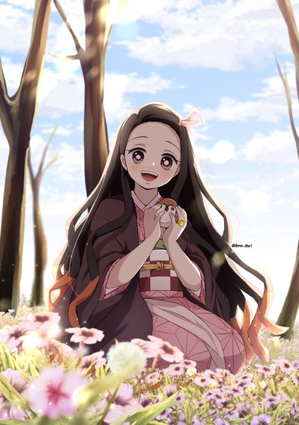 Anime picture 2886x4096 with kimetsu no yaiba ufotable kamado nezuko pori (kmt pori) single long hair tall image looking at viewer highres open mouth black hair brown hair sitting purple eyes holding signed sky cloud (clouds) full body outdoors