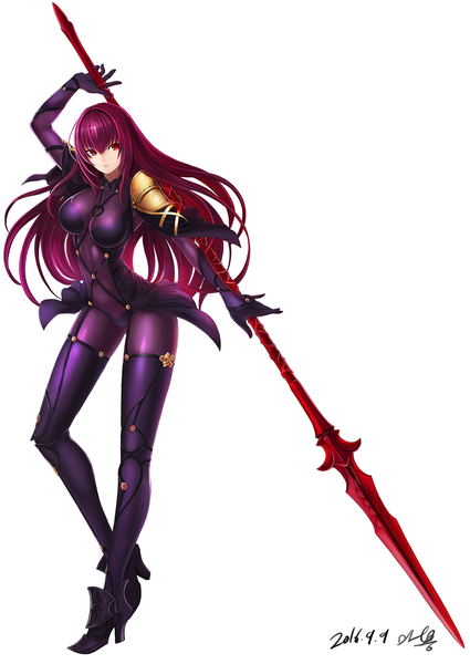 Anime picture 1223x1726 with fate (series) fate/grand order scathach (fate) (all) scathach (fate) mhg (hellma) single long hair tall image looking at viewer breasts light erotic simple background red eyes white background purple hair girl gloves weapon black gloves boots