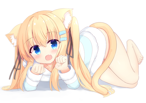 Anime picture 1920x1357 with original hiragana ababa single long hair looking at viewer blush fringe highres open mouth blue eyes light erotic simple background blonde hair hair between eyes white background animal ears full body tail long sleeves head tilt