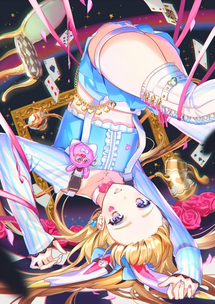 Anime picture 1200x1697 with alice in wonderland original alice (alice in wonderland) penda (hipanan222) single long hair tall image looking at viewer light erotic blonde hair purple eyes upside down empty picture frame girl flower (flowers) choker rose (roses) chair card (cards) pink rose