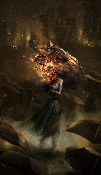 イラスト 1024x1771 と オリジナル ryohei hase 長身像 壁紙 city dark background rain 女の子 ドレス 傘 火