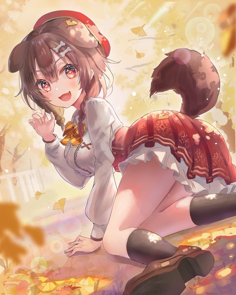 Anime picture 1811x2267 with virtual youtuber hololive inugami korone dodota single long hair tall image looking at viewer fringe highres open mouth red eyes brown hair animal ears outdoors tail braid (braids) :d animal tail looking back