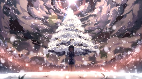 Anime picture 1920x1080 with sword art online a-1 pictures sachi (sao) single highres short hair black hair smile wide image cloud (clouds) eyes closed snowing winter snow girl plant (plants) tree (trees) snowflake (snowflakes)