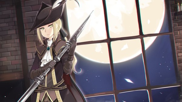 Anime picture 1920x1080 with bloodborne from software lady maria of the astral clocktower onigensou single long hair looking at viewer highres blonde hair wide image holding yellow eyes payot ponytail night shadow wallpaper night sky brick wall girl