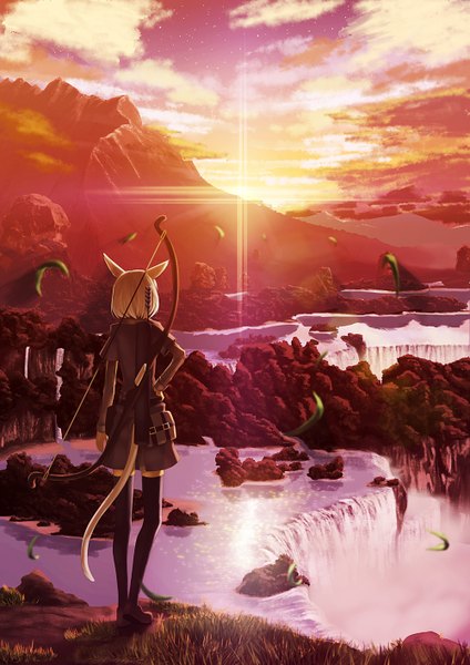 Anime picture 1000x1414 with original pixiv fantasia din (flypaper) tall image short hair blonde hair animal ears cloud (clouds) animal tail evening sunset mountain waterfall girl thighhighs black thighhighs water leaf (leaves)