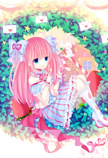 Anime picture 2031x2952 with original moseley single long hair tall image highres blue eyes bare shoulders pink hair girl dress flower (flowers) bow plant (plants) hair bow frills star (symbol) bunny letter