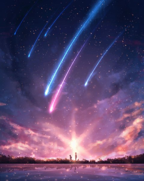 Anime picture 960x1200 with original czy long hair tall image short hair standing sky cloud (clouds) sunlight night shadow lens flare evening reflection sunset landscape silhouette shooting star meteor rain girl