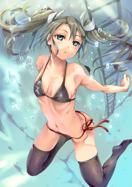 Anime picture 2481x3508 with kantai collection zuikaku aircraft carrier satou daiji single long hair tall image fringe highres breasts light erotic twintails green eyes green hair underwater girl thighhighs navel ribbon (ribbons) swimsuit bikini