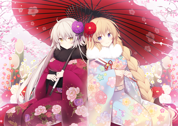 Anime picture 1157x821 with fate (series) fate/grand order jeanne d'arc (fate) (all) jeanne d'arc alter (fate) jeanne d'arc (fate) miko (royal milk) long hair looking at viewer blush fringe breasts blonde hair smile hair between eyes sitting purple eyes multiple girls holding signed yellow eyes