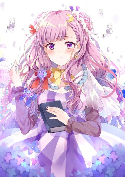 Anime picture 900x1273 with touhou patchouli knowledge puracotte single long hair tall image blush fringe purple eyes holding purple hair hair bun (hair buns) girl flower (flowers) bow hair bow earrings book (books) water drop moon (symbol)