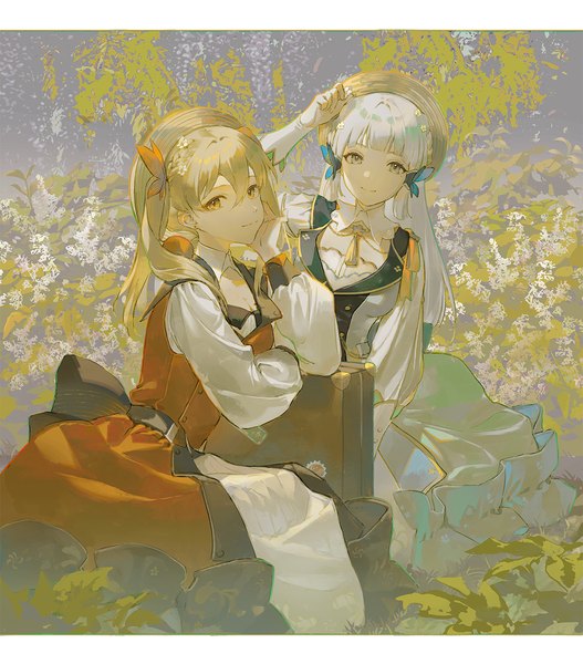 Anime picture 1200x1366 with genshin impact kamisato ayaka yoimiya (genshin impact) kamisato ayaka (springbloom missive) cha chya long hair tall image looking at viewer fringe blonde hair smile hair between eyes sitting multiple girls yellow eyes silver hair blunt bangs letterboxed cosplay chin rest