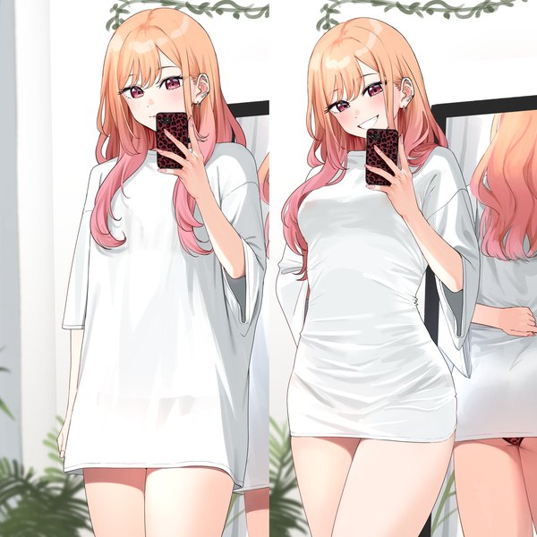 Anime picture 3508x3508 with sono bisque doll wa koi wo suru cloverworks kitagawa marin nonbire long hair looking at viewer fringe highres breasts light erotic blonde hair smile red eyes standing holding absurdres ass head tilt multicolored hair wide sleeves