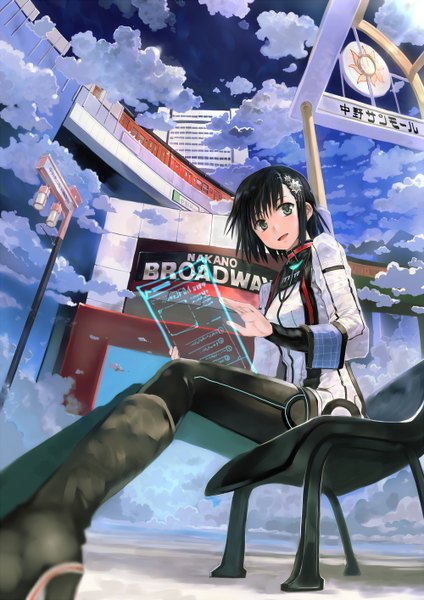 Anime picture 1000x1414 with original bob (biyonbiyon) single tall image looking at viewer fringe short hair open mouth black hair green eyes sky cloud (clouds) sunlight high heels happy sunbeam girl hair ornament boots building (buildings)