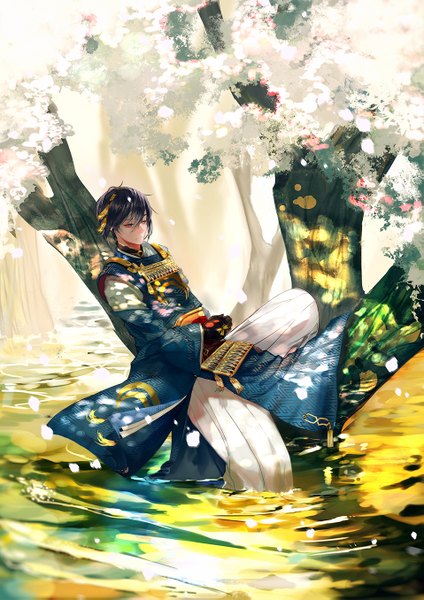 Anime picture 957x1355 with touken ranbu nitroplus mikazuki munechika say hana single tall image fringe short hair blue eyes looking away purple hair traditional clothes japanese clothes lips cherry blossoms reclining boy plant (plants) petals tree (trees)