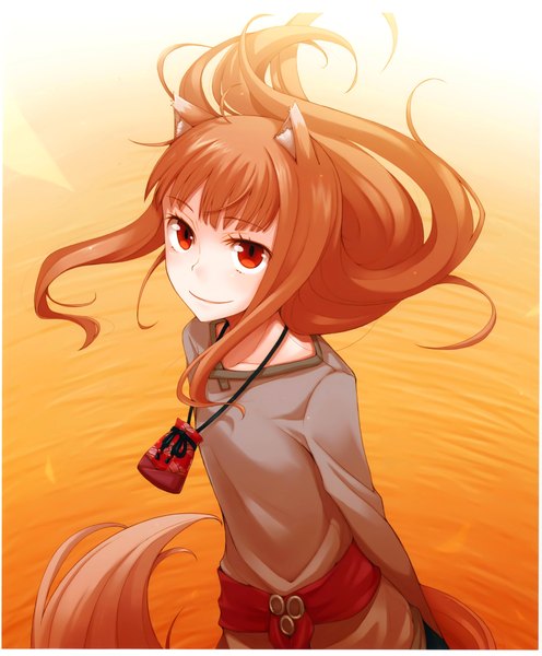 Anime picture 4550x5500 with spice and wolf horo ayakura juu single long hair tall image looking at viewer highres red eyes brown hair absurdres scan wolf ears wolf tail wolf girl girl