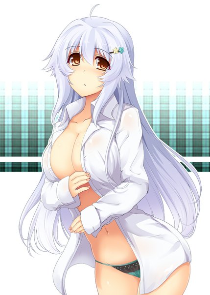 Anime picture 715x1000 with cu-no rapua qive hisenkaede single long hair tall image looking at viewer breasts light erotic large breasts brown eyes silver hair open clothes open shirt girl navel hair ornament underwear panties shirt