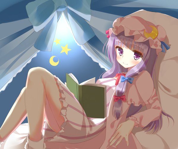 Anime picture 3817x3200 with touhou patchouli knowledge kajuu aisu single long hair looking at viewer blush highres smile purple eyes absurdres purple hair crescent girl dress book (books) bonnet