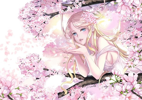 Anime picture 1024x724 with original briska single long hair looking at viewer blush blue eyes blonde hair cherry blossoms girl dress flower (flowers) plant (plants) tree (trees) sundress