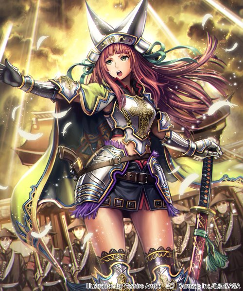 Anime picture 1000x1200 with original anbe yoshirou single long hair tall image open mouth brown hair brown eyes sky cloud (clouds) girl thighhighs gloves weapon black thighhighs sword katana feather (feathers) helmet armored dress