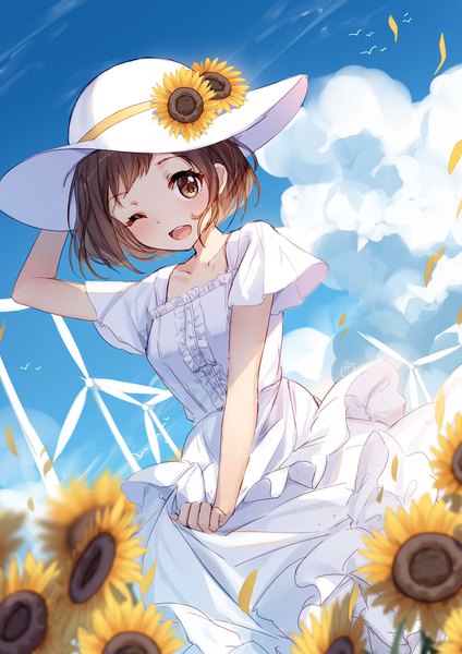 Anime picture 1000x1414 with bang dream! hazawa tsugumi bison cangshu single tall image looking at viewer blush fringe short hair open mouth smile brown hair standing brown eyes sky cloud (clouds) outdoors one eye closed arm up wink