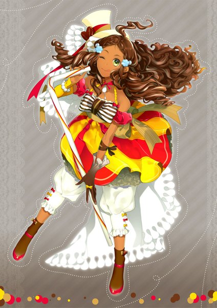 Anime picture 1157x1637 with original yukijirushi yukiko-tan johnny lmd single long hair tall image looking at viewer brown hair green eyes one eye closed wink grey background striped curly hair girl dress gloves hair ornament bow