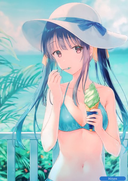 Anime picture 2099x2958 with melonbooks hiten (hitenkei) single long hair tall image looking at viewer fringe highres breasts light erotic black hair red eyes twintails bare shoulders holding signed sky cleavage cloud (clouds) upper body