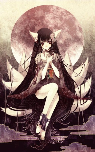 Anime picture 984x1567 with original ishikawa sae (artist) single tall image looking at viewer black hair sitting brown eyes animal ears tail very long hair traditional clothes japanese clothes legs multiple tails girl moon full moon
