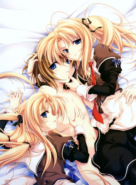 Anime picture 3390x4590 with miyama zero tall image highres short hair blue eyes light erotic blonde hair brown hair twintails multiple girls absurdres girl boy 2 girls apron