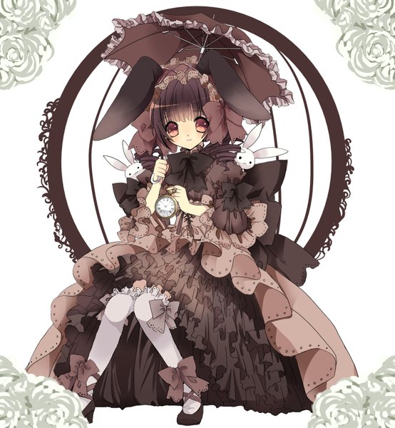 Anime picture 1477x1600 with original mihatarou single tall image looking at viewer blush short hair black hair red eyes sitting light smile bunny ears girl thighhighs dress bow white thighhighs hairband umbrella clock