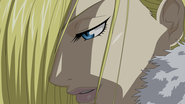 Anime picture 2200x1237 with fullmetal alchemist brotherhood olivier mira armstrong keit45 single long hair fringe highres blue eyes blonde hair wide image light smile lips hair over one eye close-up face vector girl fur