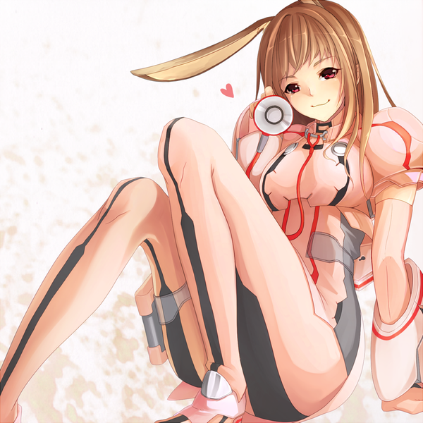 Anime picture 1093x1093 with phantasy star online 2 phantasy star online nemunemu (bluelight5) single long hair looking at viewer simple background brown hair sitting pink eyes light smile bunny ears girl suit