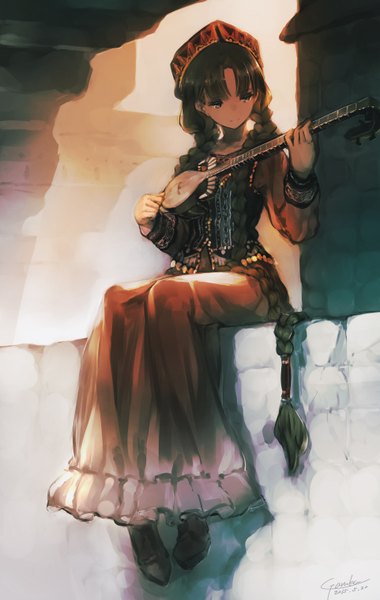 Anime picture 1924x3031 with original garuku single tall image fringe highres brown hair sitting green eyes signed braid (braids) very long hair traditional clothes twin braids girl skirt headdress musical instrument