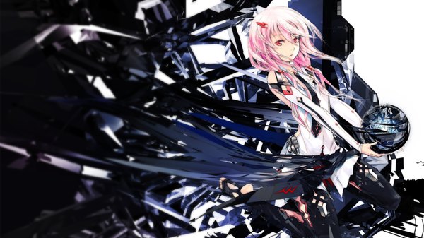 Anime picture 1920x1080 with guilty crown production i.g yuzuriha inori redjuice single long hair looking at viewer highres red eyes wide image bare shoulders pink hair pink eyes no shoes girl hair ornament necktie hairclip bodysuit ball