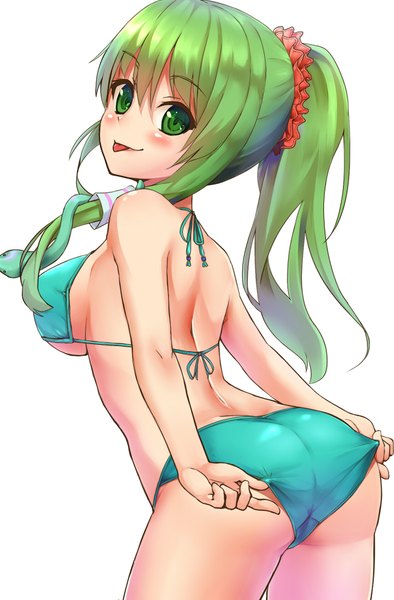 Anime picture 1250x1900 with touhou kochiya sanae shiron (e1na1e2lu2ne3ru3) single long hair tall image blush fringe breasts light erotic simple background smile hair between eyes large breasts standing white background green eyes payot ponytail looking back