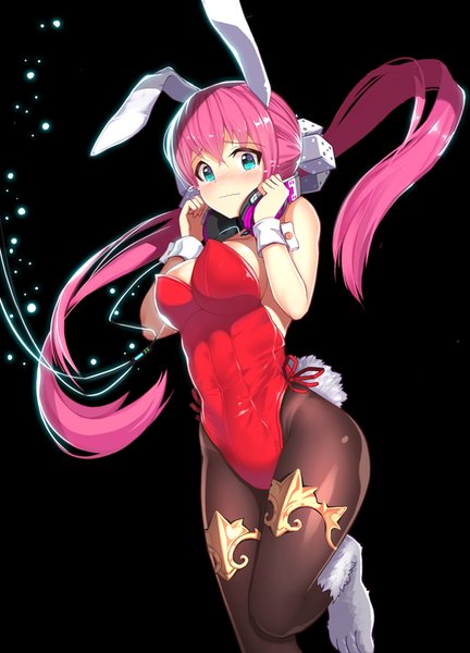 Anime picture 600x833 with original ratio (ratio-d) single long hair tall image looking at viewer blush fringe breasts blue eyes light erotic simple background large breasts standing twintails bare shoulders animal ears payot pink hair bent knee (knees)