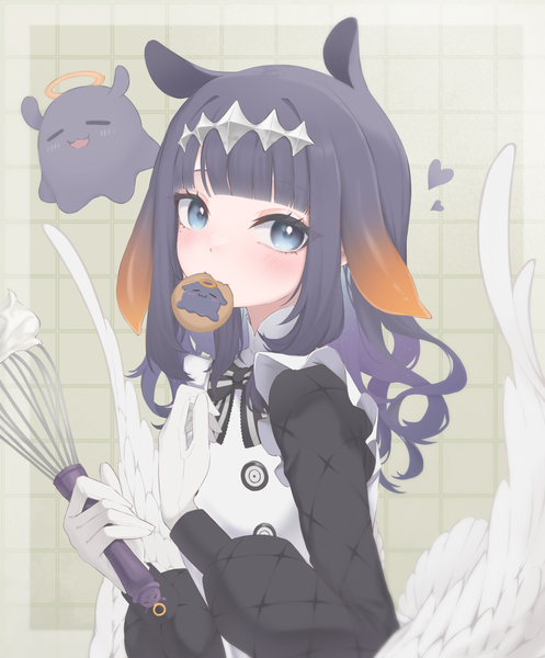 Anime picture 2780x3354 with virtual youtuber hololive hololive english ninomae ina'nis takodachi (ninomae ina'nis) ninomae ina'nis (pastry chef) ninomae ina'nis (6th costume) a9 (repainter) single long hair tall image looking at viewer fringe highres blue eyes black hair holding animal ears blunt bangs mouth hold