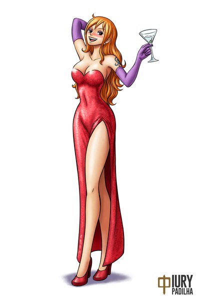 Anime picture 733x1100 with one piece who framed roger rabbit toei animation nami (one piece) jessica rabbit iury padilha single long hair tall image looking at viewer blush fringe breasts open mouth light erotic simple background smile standing white background holding