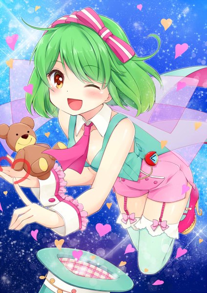 Anime picture 900x1272 with macross macross frontier macross frontier: sayonara no tsubasa ranka lee hazuki natsu single tall image looking at viewer blush fringe short hair open mouth red eyes bare shoulders ahoge one eye closed green hair wink girl thighhighs