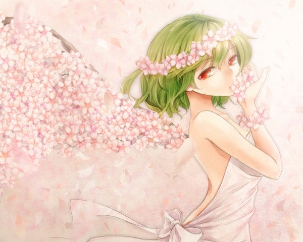 Anime picture 1250x1000 with touhou kazami yuuka shironeko yuuki single looking at viewer short hair red eyes bare shoulders hair flower green hair wind girl dress hair ornament flower (flowers) petals wings bracelet white dress wreath