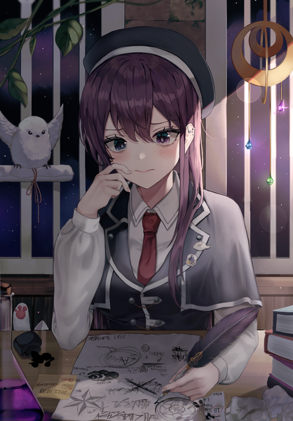 Anime picture 3493x5019 with original luxiel single long hair tall image blush fringe highres blue eyes sitting purple eyes holding absurdres purple hair upper body indoors long sleeves night sparkle night sky