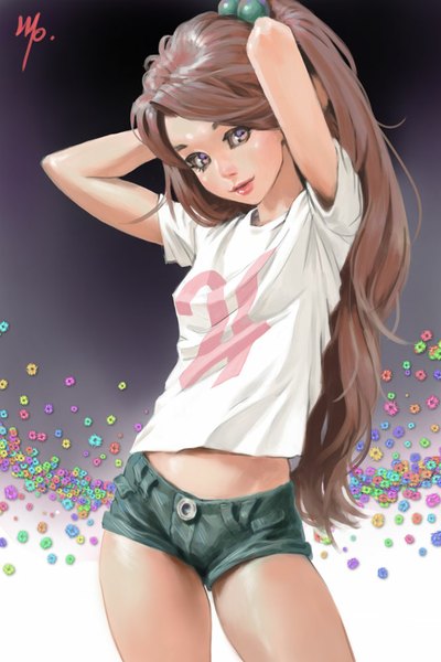 Anime picture 666x999 with bishoujo senshi sailor moon toei animation kino makoto whiskypaint single long hair tall image looking at viewer brown hair purple eyes light smile lips alternate costume arms behind head clothes writing girl hair ornament shorts short shorts t-shirt