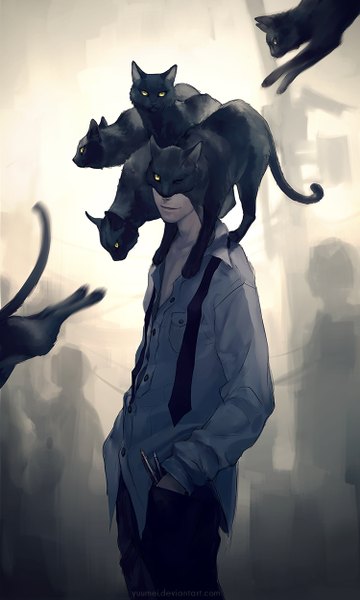Anime picture 750x1250 with original yuumei tall image light smile open collar jumping hands in pockets silhouette animal on shoulder no face boy animal shirt necktie cat pen