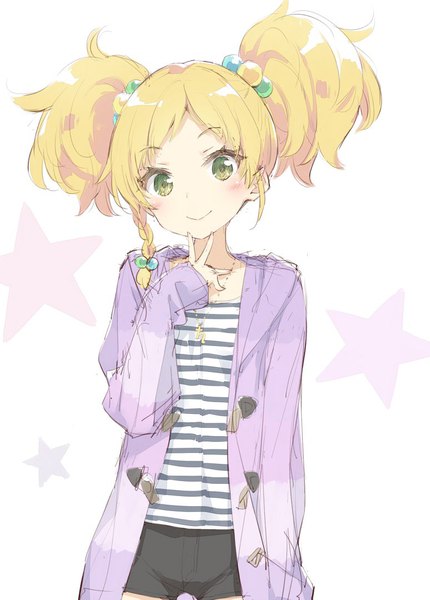 Anime picture 774x1080 with aikatsu! aikatsu stars! nikaidou yuzu peko single tall image looking at viewer short hair blonde hair standing twintails green eyes braid (braids) short twintails victory side braid striped hand in pocket casual sketch