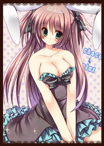 Anime picture 714x1000 with original amane ruri single long hair tall image blush breasts light erotic brown hair bare shoulders green eyes animal ears looking away bunny ears girl dress