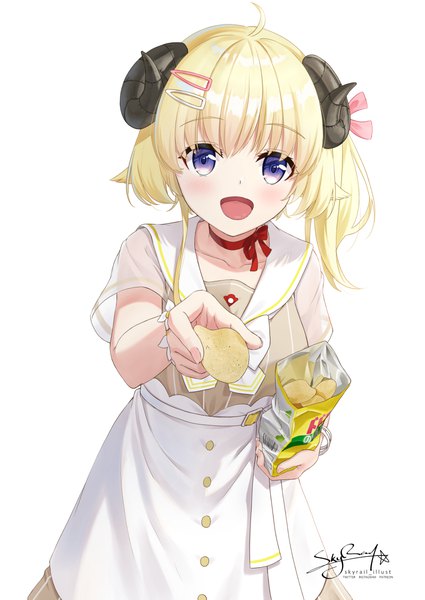 Anime picture 850x1200 with virtual youtuber hololive tsunomaki watame tsunomaki watame (3rd costume) skyrail (skynetrailgun) single tall image blush short hair open mouth simple background blonde hair white background purple eyes signed :d horn (horns) official alternate costume side ponytail outstretched hand