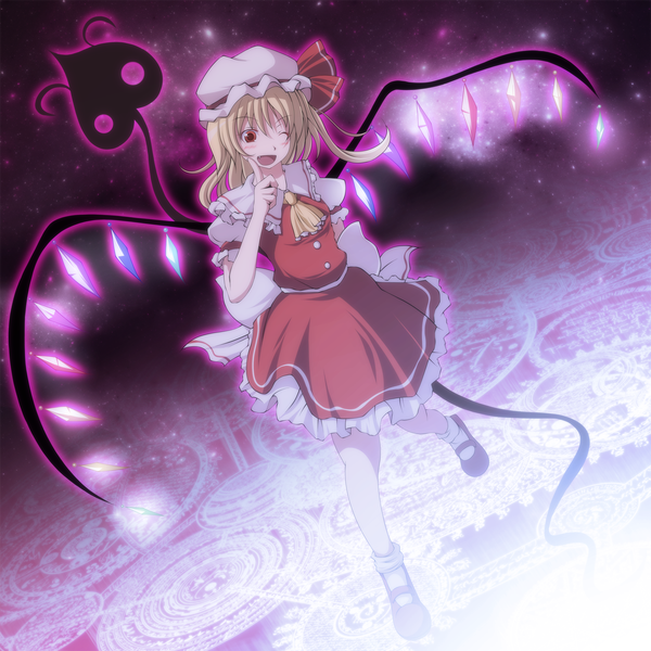 Anime picture 1500x1500 with touhou flandre scarlet s-syogo single short hair open mouth blonde hair red eyes one eye closed wink magic girl dress skirt weapon wings bonnet skirt set crystal magic circle