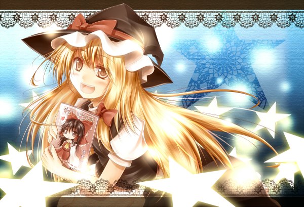 Anime picture 1200x819 with touhou hakurei reimu kirisame marisa shirayuki mutsumi long hair open mouth blonde hair brown eyes girl hat star (symbol)