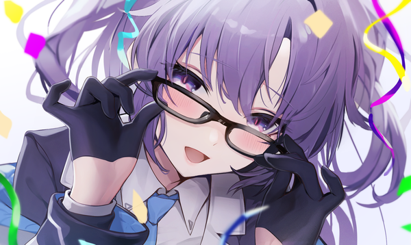 Anime picture 1847x1101 with blue archive yuuka (blue archive) torianco3 single long hair looking at viewer blush highres open mouth wide image purple eyes purple hair upper body :d two side up adjusting glasses bespectacled girl gloves black gloves